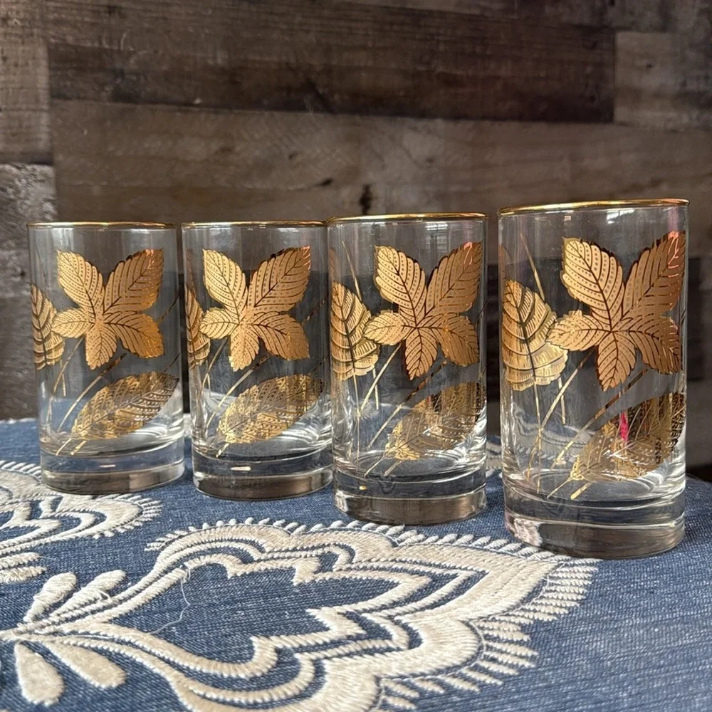 Libbey Glass set of 4 gold leaf tumblers mid century modern golden foliage gilt